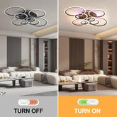 Ceiling light fixture in a living room with 'Turn Off' and 'Turn On' labels.